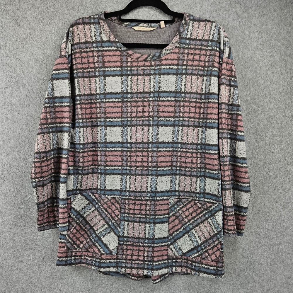 SOFT SURROUNDINGS | Pink Blue Plaid Knit Justine Tunic Top with Pockets Womens